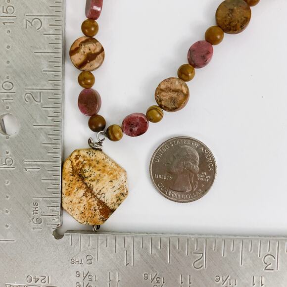 VTG Gemstone Rhodonite Picture Jasper Boho Artisan Necklace Statement Pendant - Picture 10 of 15